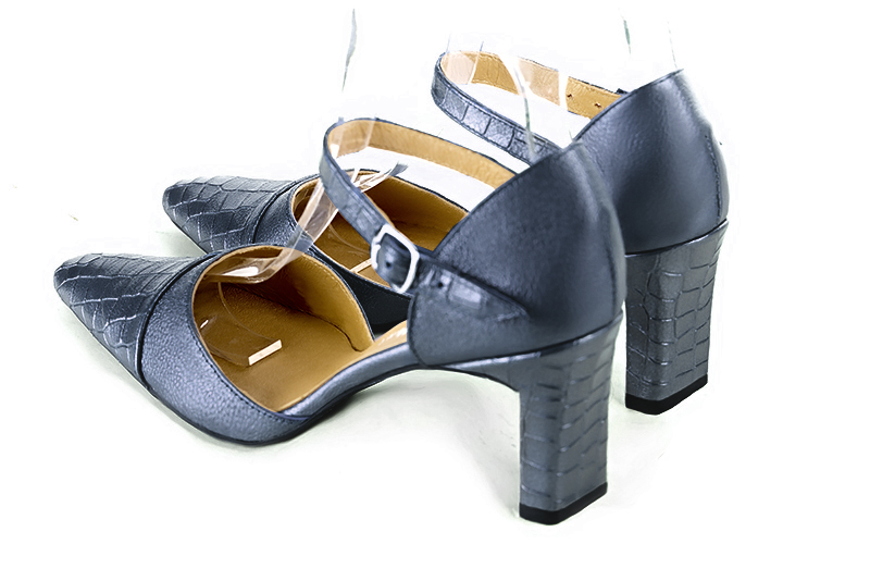 Denim blue women's open side shoes, with an instep strap. Tapered toe. High comma heels. Rear view - Florence KOOIJMAN